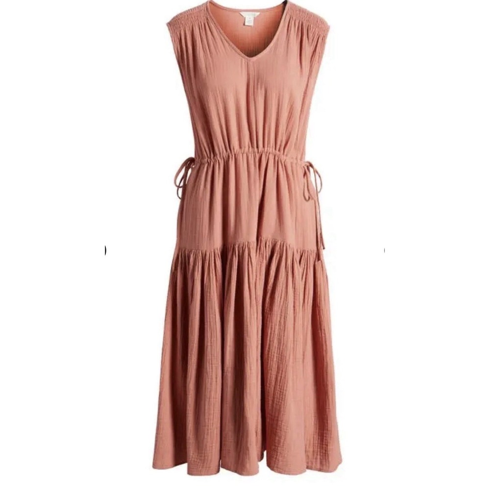Caslon Tiered Cotton Gauze Midi Dress In Pink Canyon Size Large Lagenlook Boho